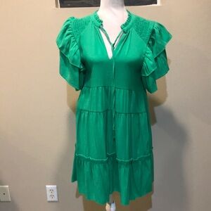Umgee A-Line Mini Dress w/Ruffle Flutter Sleeves Layered Hem Tie Neck-Size S